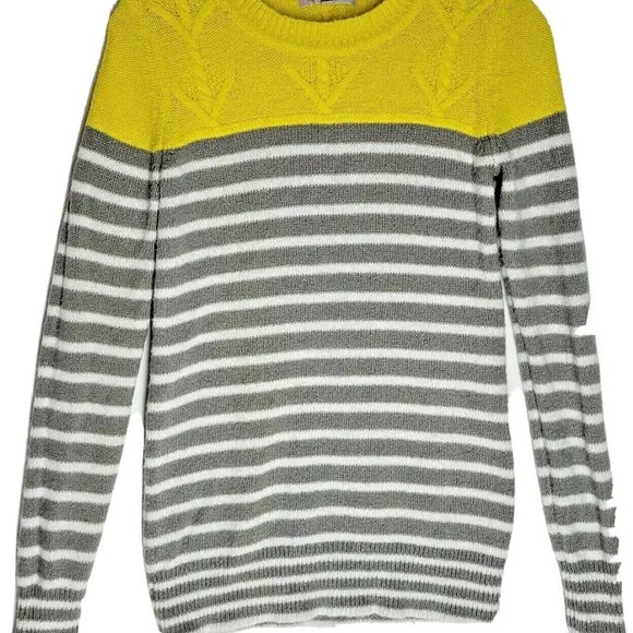 GAP Women's Sweater Yellow Gray White Striped Crew Neck Long Sleeve Size S - Picture 2 of 4